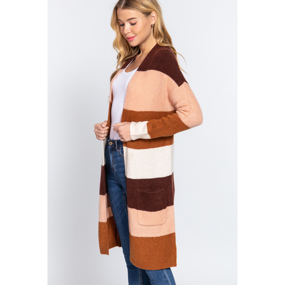 Open Front Color Block Cardigan - Picture 3 of 7